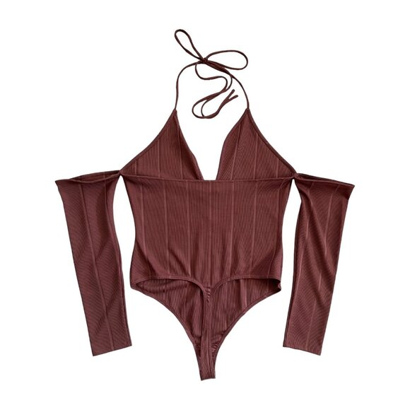Michael Costello x Revolve Hattie Cold Shoulder Ribbed Bodysuit Mauve XL NWT - Picture 3 of 16
